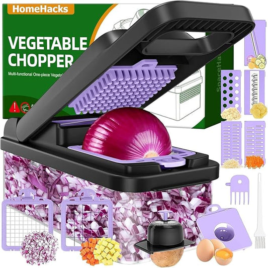 HomeHacks Vegetable Chopper Vegetable Cutter, 12 in 1 Kitchen Gadget, Dicer, Slicer, Onion Cutter, Salad, Cheese Grater & Egg Separator - Multi-Functional Veggie Chopper Lid with Handle (Purple) by HomeHacks