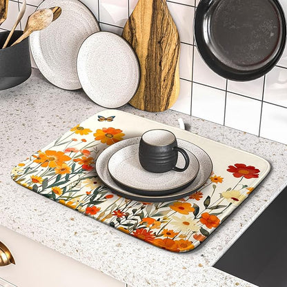 Fall Orange Wildflower Dish Drying Mat for Kitchen Counter,Autumn Floral Butterflies Drying Mat 16 x 18 Inch with Absorbent Reversible Microfiber Dish Drying Pad Dish Pad for Coffee Bar - Image 5