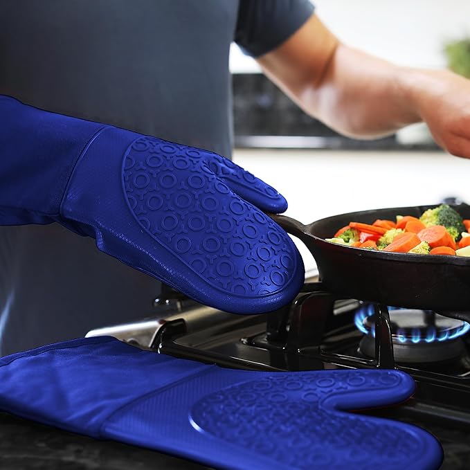 BPA-Free Soft Silicone Oven Mitts - Ultra Heat Resistant Oven Mitts with Thick Cotton Liner - Long Slip Resistant Pot Holders, Flexible Oven Gloves - Royal Blue 13.7" - Image 9