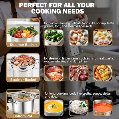 Cooks Standard Pasta Pot with Strainer Basket, 18/10 Stainless Steel 8 Quarts Stock Pot Spaghetti Cooker Tamale Crab Steamer Multipots with Glass Lid, 4-Piece Set