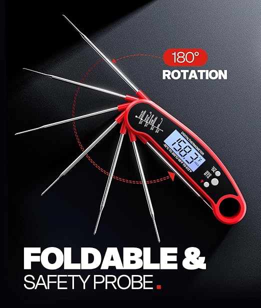 Meat Thermometer Digital – Instant Read Food Thermometer for Grilling, BBQ, Air Fryer, Smoker, Candy Making with Foldable Probe, Kitchen Gadgets, BBQ Essentials, Gift for Mom, Dad, Men, Women, Red