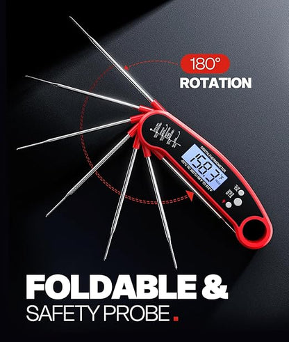 Meat Thermometer Digital – Instant Read Food Thermometer for Grilling, BBQ, Air Fryer, Smoker, Candy Making with Foldable Probe, Kitchen Gadgets, BBQ Essentials, Gift for Mom, Dad, Men, Women, Red