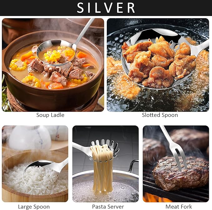 304 Stainless Steel Cooking Utensils Set,9PCS Metal Kitchen Utensils Set with Wooden Handle,Solid Spoon,Spatula,Ladle,Skimmer Spoon,Spaghetti Spoon,Dishwasher Safe - Image 6