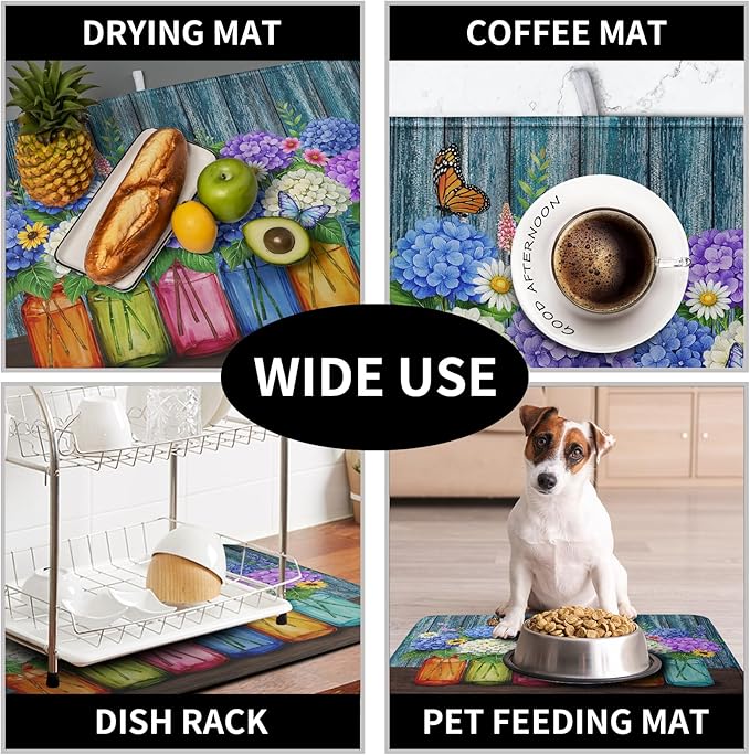 Hydrangea Dish Drying Mat Spring Summer Floral Jars Kitchen Drying Mats for Countertops Vintage Flower Vases Dish Draining Mat Microfiber Absorbent Dish Rack Pad 16x18 Inch - Image 7