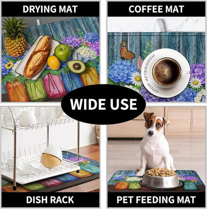 Hydrangea Dish Drying Mat Spring Summer Floral Jars Kitchen Drying Mats for Countertops Vintage Flower Vases Dish Draining Mat Microfiber Absorbent Dish Rack Pad 16x18 Inch - Image 7