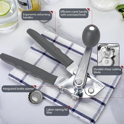 Commercial Can Opener, UHIYEE Hand Crank Can Opener Manual Heavy Duty with Comfortable Extra-long Handles, Oversized Knob, Large Handheld Can Open Easy for Big Cans, Gray - Image 2