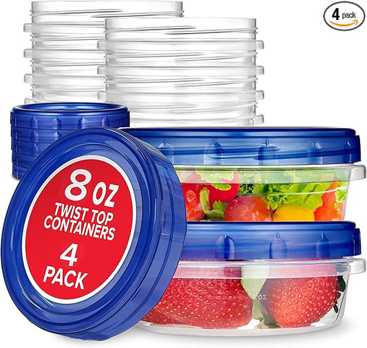 Stock Your Home 8oz Plastic Containers with Twist Top Lids (4 Pack), 1 Cup Small Freezer Containers for Leftover Food, Airtight Reusable Soup Containers with Lids, Microwave and Dishwasher Safe by StockYourHome