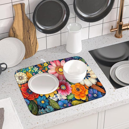 Giwawa Boho Flower Dish Drying Mat, Colorful Floral Leaf Dish Drainer Mats, Rustic Wildflower Plant Botanical Reversible Dish Drying Rack Pad Protector for Kitchen Countertop Decor, 16"x18"