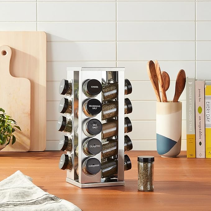 Kamenstein 20 Jar Heritage Revolving Spice Rack with Spices Included, Brushed Stainless Steel Rotating Countertop Organizer with Free Refills for 5 Years - Image 2