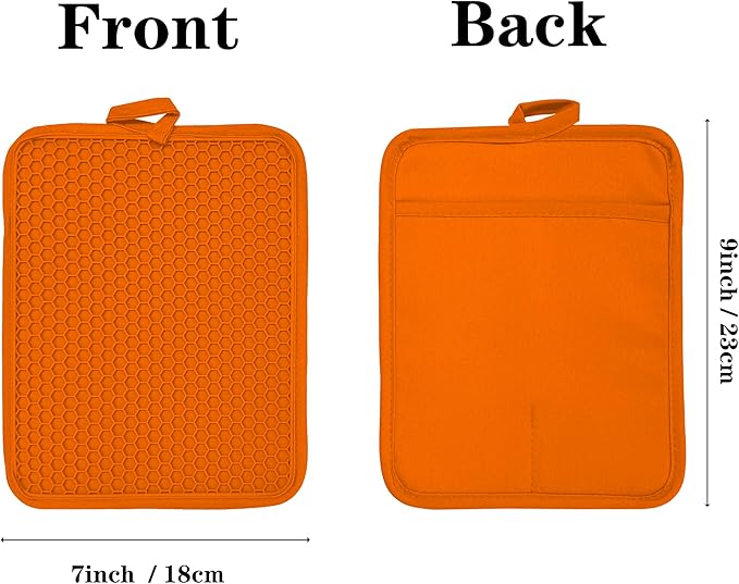 Oven Pot Holder with Pocket Cotton Heat Resistant Coaster Potholder Kitchen Hot Pad Oven Mitts for Cooking and Baking Square 7"x9" (Orange, Silicone) - Image 2