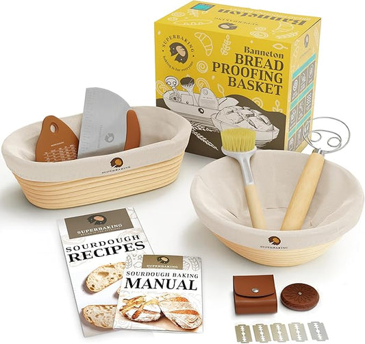 Superbaking Sourdough Proofing Basket Gift Set, Round 9" & Oval 10" Banneton, Sourdough Starter Kit, Sourdough Banneton Basket, Banneton Bread Proofing Basket Set of 2, Sourdough Bread Baking Supplies by Superbaking