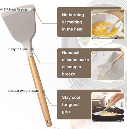 E-far Silicone Cooking Utensils Set, 10-Piece Heat Resistant Kitchen Utensils Set with Wooden Handle for Nonstick Cookware, Kitchen Nonstick Tools Spatula Whisk Tongs Ladle, Non-toxic & Healthy(Khaki) - Image 2