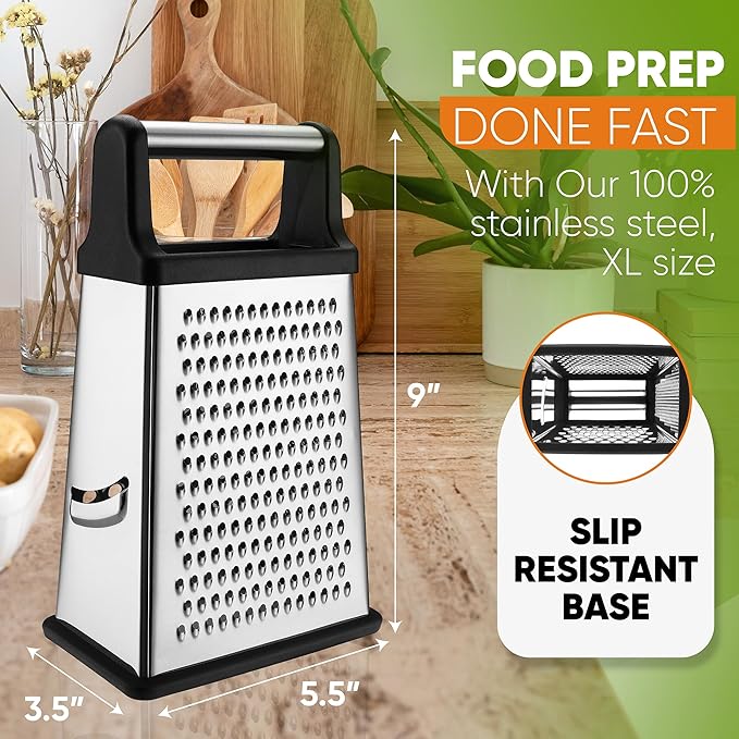 Spring Chef Professional Cheese Grater - Stainless Steel, XL Size, 4 Sides - Perfect Box Grater for Parmesan Cheese, Vegetables, Ginger - Dishwasher Safe - Black - Image 4