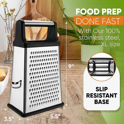 Spring Chef Professional Cheese Grater - Stainless Steel, XL Size, 4 Sides - Perfect Box Grater for Parmesan Cheese, Vegetables, Ginger - Dishwasher Safe - Black - Image 4
