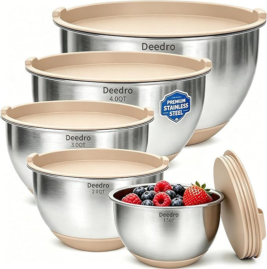 Deedro Premium Mixing Bowls with Airtight Lids Set, 22Pcs Thicker Stainless Steel Mixing Bowl Set, Large Prep Metal Bowls, Non-Slip Silicone Base Nesting Bowls for Kitchen, 1.5/2/3/4/5 QT, Khaki by Deedro