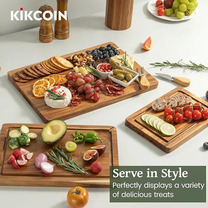 Kikcoin Acacia Wood Cutting Boards for Kitchen, 3 PCS Wooden Cutting Board Set with Holder, Chopping Board with Compartments and Juice Groove, Solid Charcuterie Boards Serving Tray Wood Butcher Block - Image 5