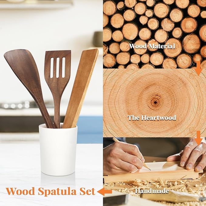3Pcs Wooden Spatulas, Acacia Wood 12inch Long Handle Flat Frying Turner, Non-Stick Wooden Spoons for Cooking, Kitchen Utensils Set for Flipping, Scraping and Turning - Image 5
