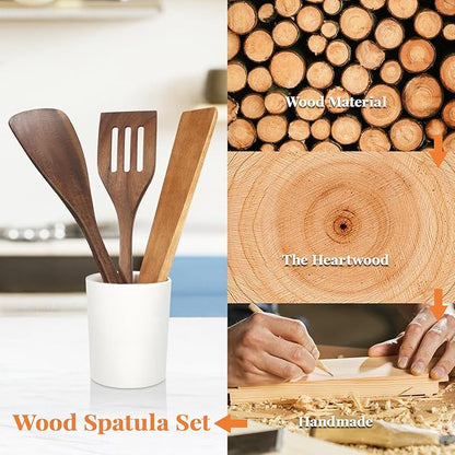3Pcs Wooden Spatulas, Acacia Wood 12inch Long Handle Flat Frying Turner, Non-Stick Wooden Spoons for Cooking, Kitchen Utensils Set for Flipping, Scraping and Turning - Image 5