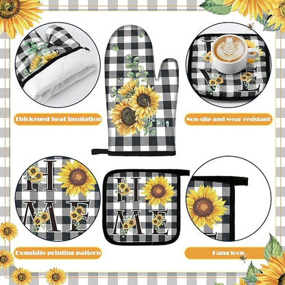 Fourluoo 10 Pcs Sunflower Kitchen Decor 4 White and Black Buffalo Plaid Kitchen Towels 2 Buffalo Check Pot Holders 2 Rustic Sunflower Oven Mitts 2 Yellow Rugs for Cooking Baking Mom Housewarming Gift - Image 5
