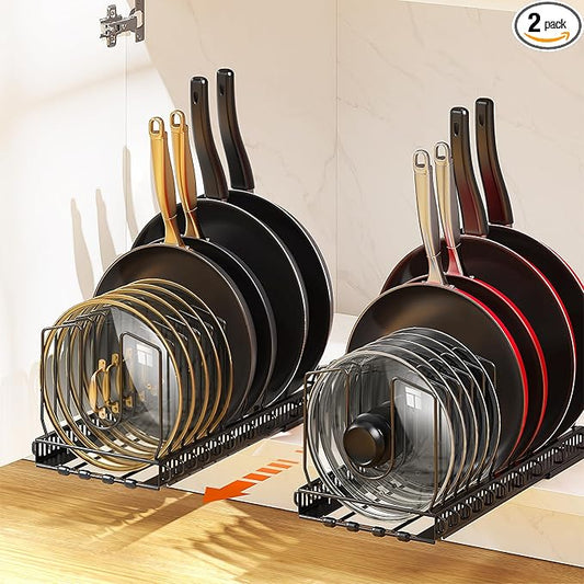 Housolution 2 Pack Pull Out Pot and Pan Organizer for Under Cabinet, Slide Out Pot Lid Organizer with 10 Adjustable Dividers, Sliding Pan Holder Storage Rack Inside Cabinet, Black by Housolution