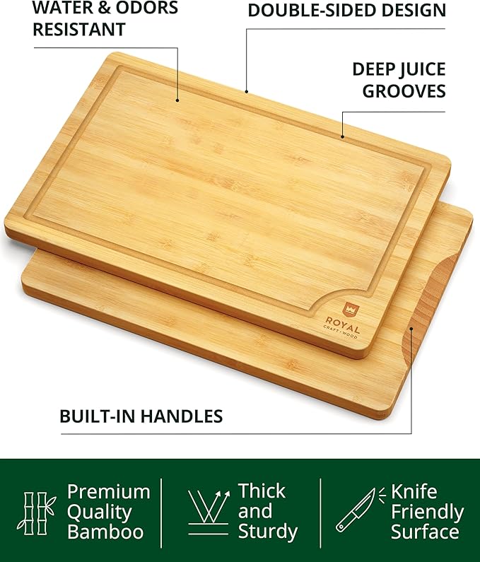 ROYAL CRAFT WOOD Wooden Cutting Boards for Kitchen Meal Prep & Serving - Bamboo Wood Serving Board Set with Deep Juice Groove Side Handles - Charcuterie & Chopping Butcher Block for Meat - Image 2