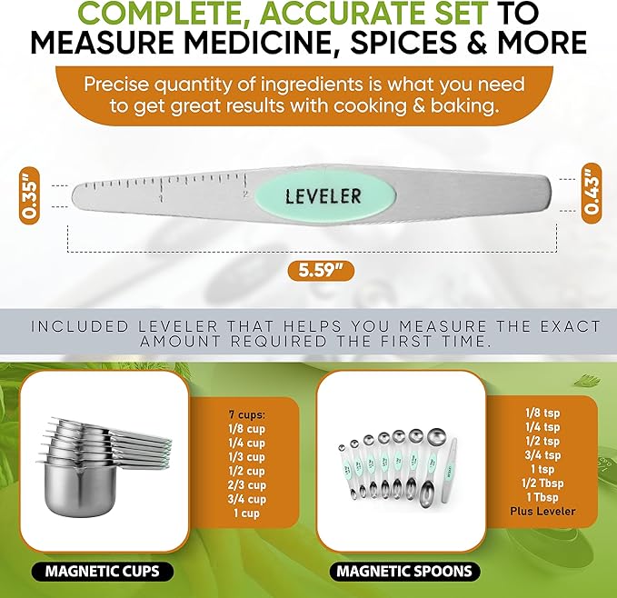 Spring Chef Magnetic Measuring Cups & Spoons Set, Patented, Strong N45 Magnets, Heavy Duty Stainless Steel Fits in Spice Jars for Baking & Cooking, BPA Free, Round Set of 15 with Leveler, Mint - Image 6