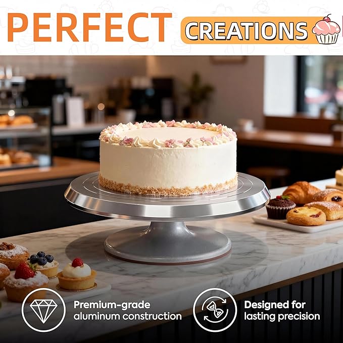 12-Inch Aluminum Alloy Cake Turntable for Frosting, Ultra-Smooth Rotating Icing Stand with Non-Slip Base, Heavy-Duty Decorating Rotating Cake Stand for Baking, DIY Crafts, and Cake Decoration