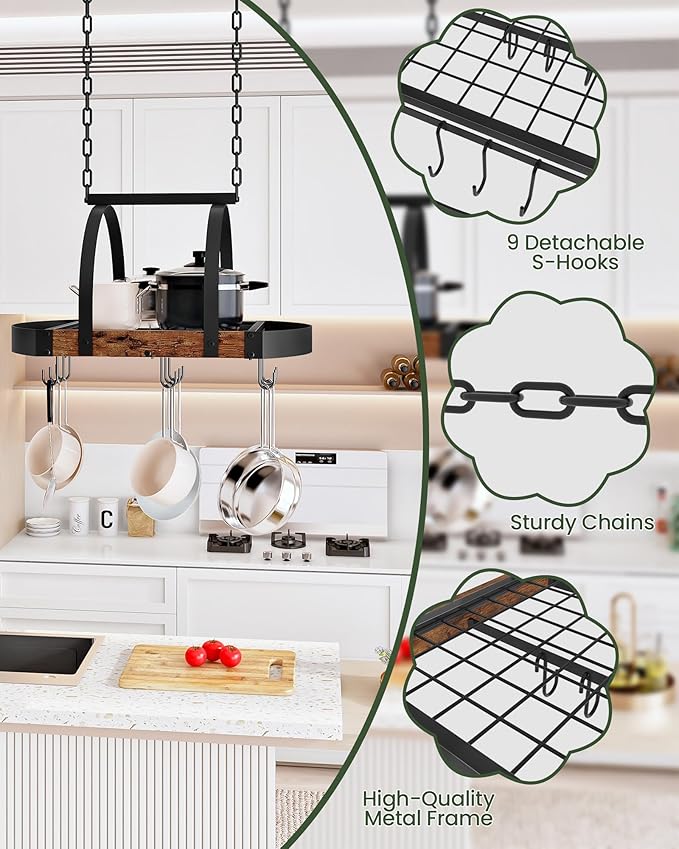CHOEZON Hanging Pot Rack, Pot Hanger for Kitchen, Ceiling Mounted Pot Holder, Cookware Organizer with 9 S-Shaped Hooks, for Pot, Pan Storage, Space-Saving, Rustic Brown and Black TPR07BF - Image 5