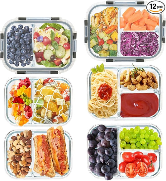 GULFLIN 2 & 3 Compartment Meal Prep Containers - Glass Food Storage Lunch Containers with Lids, Bento Box, Portion Control, Freezer to Microwave Safe