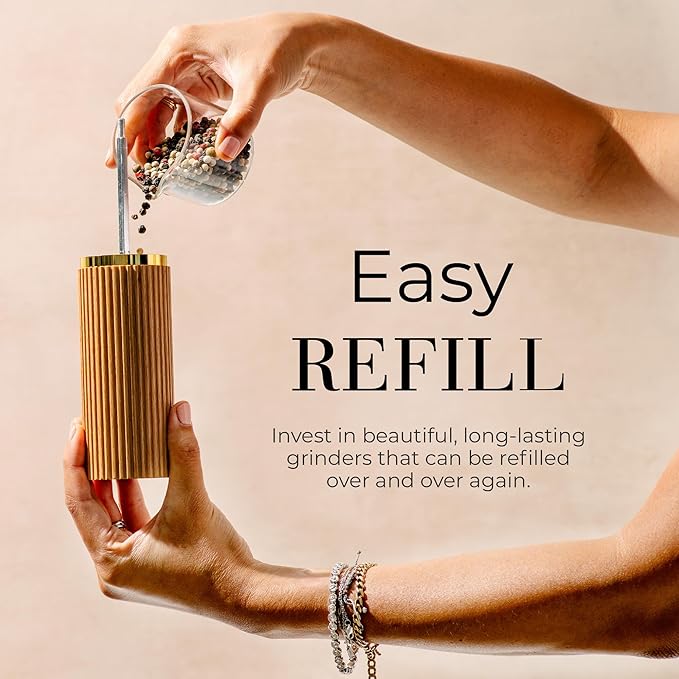 Wooden Salt and Pepper Grinder Set – Refillable Manual Salt and Pepper Mills with Adjustable Ceramic Burrs, Gold Detailing, and Wood Stand - Image 6