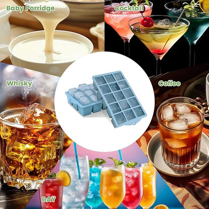 FANYITY Silicone Ice Cube Tray with Lid, Blue, Pack of 2 Ice Cube Moulds, Silicone Mould, BPA-Free, Stackable Ice Cube Tray, Ice Cube Trays for Baby Porridge, Cocktail, Whiskey, Coffee