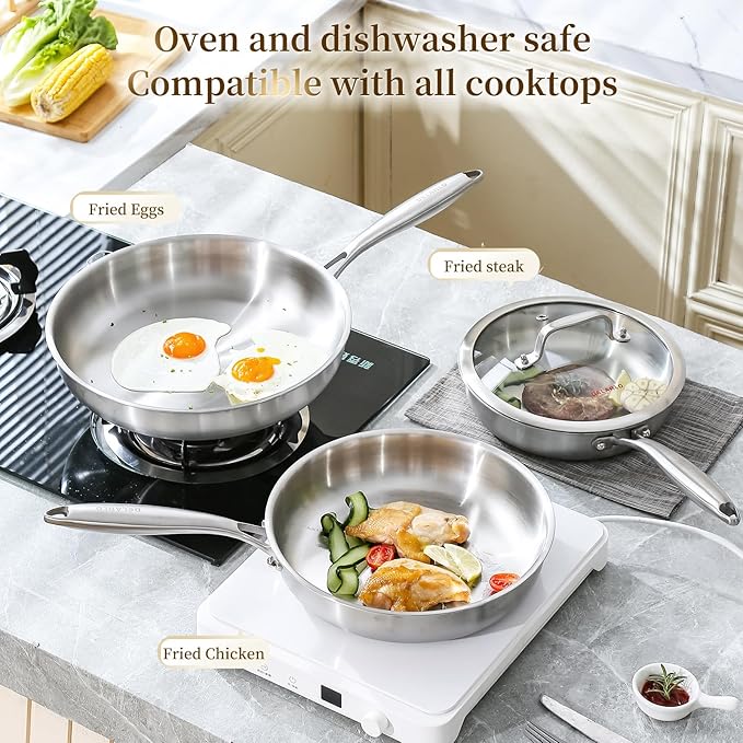 DELARLO Tri-Ply Stainless Steel Pan, 18/10 Frying Pan, Oven Safe Up to 600°F, Nontoxic Cookware, Compatible with All Cooktops Skillet, Durable, Fast Even Heat Fry Pan,8" 10" 12" with lids - Image 5