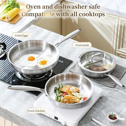 DELARLO Tri-Ply Stainless Steel Pan, 18/10 Frying Pan, Oven Safe Up to 600°F, Nontoxic Cookware, Compatible with All Cooktops Skillet, Durable, Fast Even Heat Fry Pan,Steel 10" and 12" with Lid - Image 7