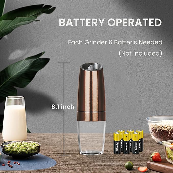 Battery Operated Salt And Pepper Grinder Set with LED Light, Automatic Electric Gravity Salt And Pepper Shakers Set, Each 6 AAA Batteries Needed, Adjustable Roughness, 2 Pack (Copper) - Image 4
