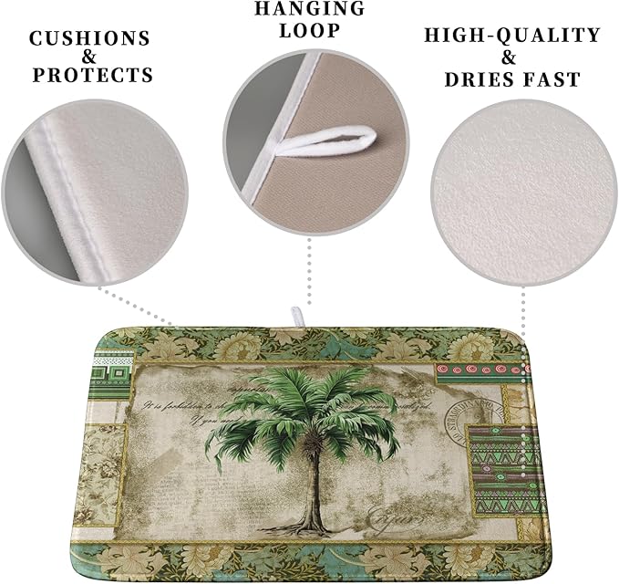 Palm Tree Kitchen Dish Drying Mat for Dishes 18x24 Inch Summer Vintage Tropical Leaves Green Jungle Plant Drying Mat Botanical Dish Drainer Mat Super Absorbent Dish Rack Pad for Coffee Bar Sinks - Image 3