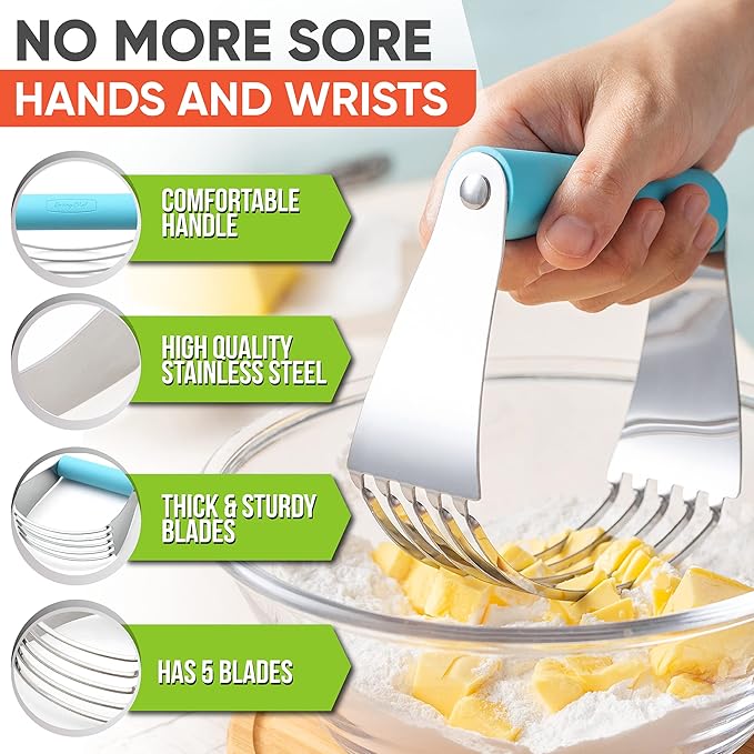 Spring Chef Large Dough Blender For Baking, Dishwasher Safe Dough Cutter Tool, Stainless Steel Pastry Cutter Tool with Sharp Blades, Manual Pastry Blender for Easy Mixing - Aqua Sky - Image 3