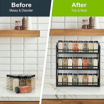 3 Tier Bamboo Spice Rack, Spice Rack Organizer, Seasoning Jars Rack Shelf Spice Organizer for Kitchen Counter or Wall Mounting, Spice Storage Holder with handles, Jars Not Included, Black - Image 4