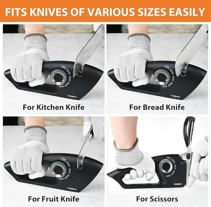 Longzon 6-in-1 Knife Sharpener 5 Stage with Cut-Resistant Glove, Manual Kitchen Tool for Straight & Serrated Knives, Quickly Sharpens Restores & Polishes Dull Blades Safe for Home Kitchen - Image 8