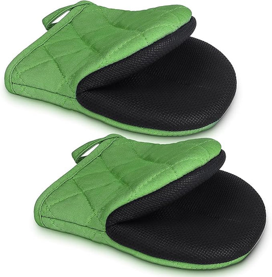 1 Pair Short Oven Mitts - Silicone Kitchen Oven Gloves High Heat Resistant 500℉, Mini Oven Mits with Non-Slip Grip Surfaces and Hanging Loop for BBQ, Baking, Cooking and Grilling (Green) by Qulable