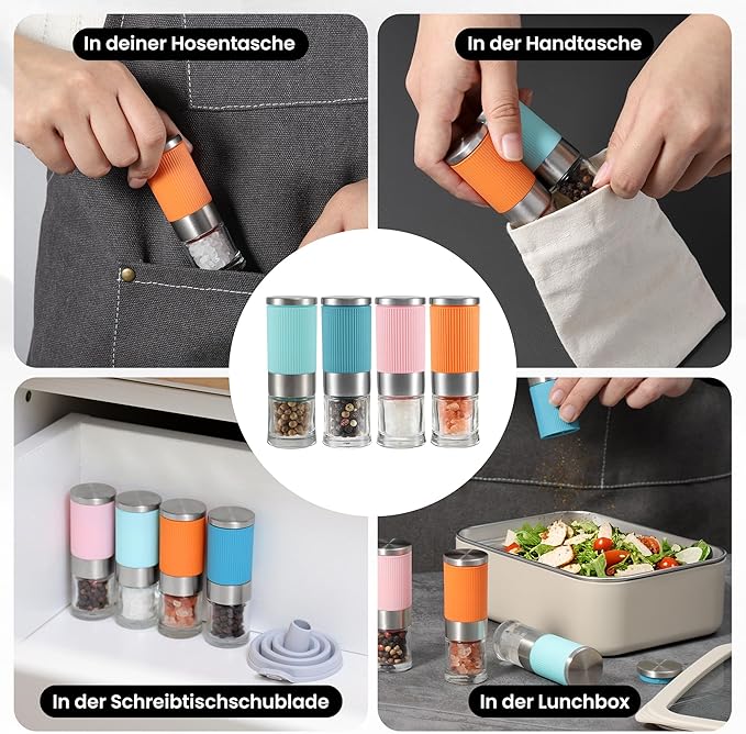 VEVOK CHEF Small Salt and Pepper Grinder 4Pcs Portable Mini Glass Salt Spices Grinder Ceramic Salt Black Pepper Shakers Tiny Pepper Mill Salt Grinder for Travel Lunch Box Kitchen Gift