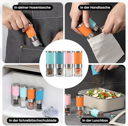VEVOK CHEF Small Salt and Pepper Grinder 4Pcs Portable Mini Glass Salt Spices Grinder Ceramic Salt Black Pepper Shakers Tiny Pepper Mill Salt Grinder for Travel Lunch Box Kitchen Gift