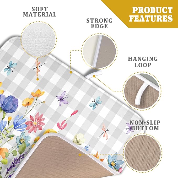 Giwawa Spring Floral Dish Drying Mat, Summer Flower Grey Buffalo Plaids Dish Drainer Mats, Wildflower Butterfly Check Reversible Drying Rack Pad Protector for Kitchen Countertop Decor, 16"x18"