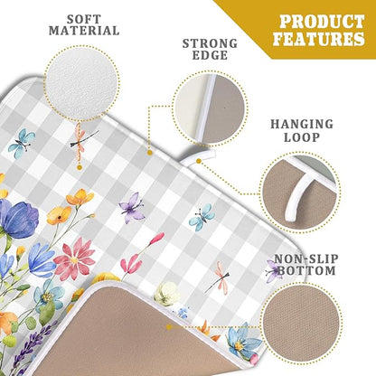 Giwawa Spring Floral Dish Drying Mat, Summer Flower Grey Buffalo Plaids Dish Drainer Mats, Wildflower Butterfly Check Reversible Drying Rack Pad Protector for Kitchen Countertop Decor, 16"x18"