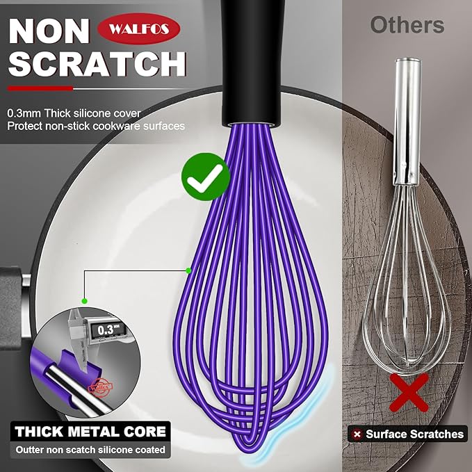 Walfos Whisk,Whisks for Cooking Non Scratch.Silicone Whisk Set of 4 Kitchen Wisk-11in Flat wisk and 7+9+11in Balloon Whisk.Nice for Mixing,Whisking and Stirring.Dishwasher Safe.(4pcs-Colorful) - Image 2