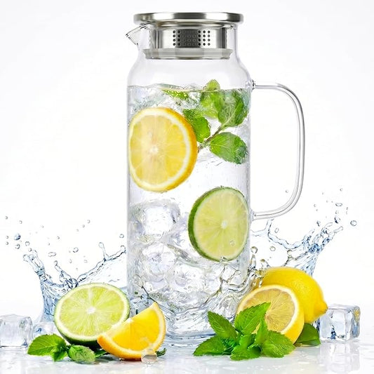 Glass Pitcher with Lid and Handle, 68oz 2 Liter Borosilicate Glass Water Pitcher for Fridge, Heat Resistant Iced Tea Pitcher, Glass Carafe for Hot Cold Beverages Juice Lemonade