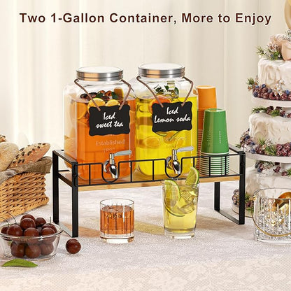 2-pack 1 Gallon Drink Dispenser,Glass Beverage Dispenser with Spigot,Lemonade dispenser Bamboo Stand for Outside, Glass Drink Dispensers for Parties with Ice Core - Image 6