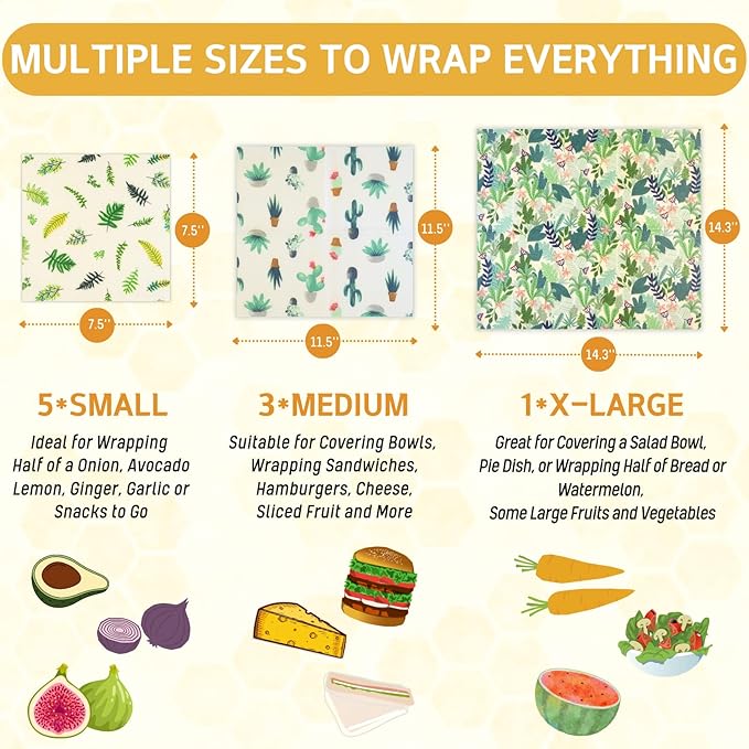 Reusable Beeswax Wrap - 9 Pack Beeswax Wraps for Food, Eco-Friendly Beeswax Food Wraps, Bread Sandwich Wrapper - Organic, Sustainable, Zero Waste, Reusable Plastic-Free Food Wrap, 1XL, 3M, 5S - Image 3