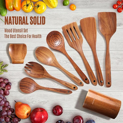 Wooden Spoons for Cooking, 9 PCS Teak Wood Cookware Utensil Set - Smooth Finish, Non-Stick, Comfortable Grip, Heat Resistant Kitchen Utensils Gift Box - Image 8