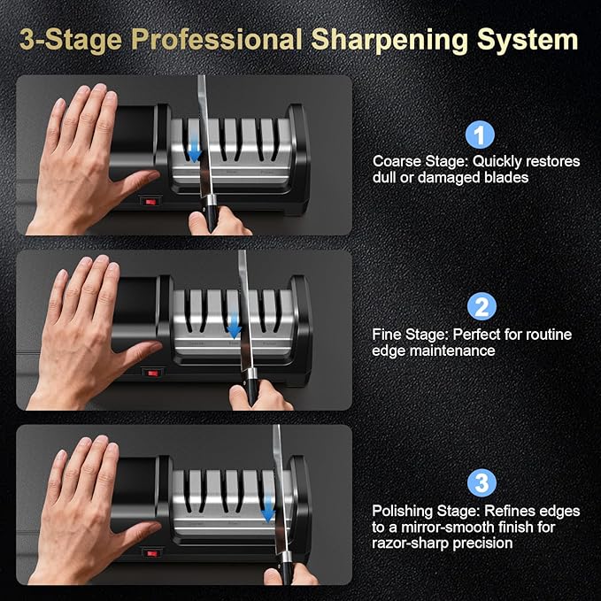 Knife Sharpener Electric for Kitchen Knives, with 100% Diamond Abrasives and Precision Angle Guides, 3-Stage Professional Automatic Quickly Sharpening/Polishing - Image 7