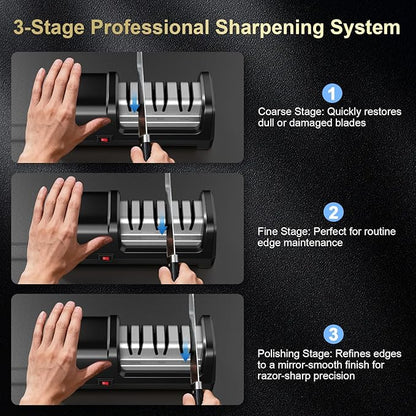 Knife Sharpener Electric for Kitchen Knives, with 100% Diamond Abrasives and Precision Angle Guides, 3-Stage Professional Automatic Quickly Sharpening/Polishing - Image 7
